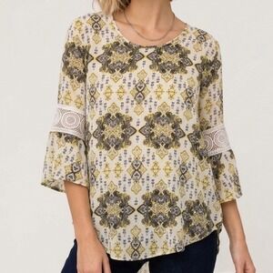 Cato Blouse Women Large Yellow Paisley Boho Crochet Bell Sleeve Top